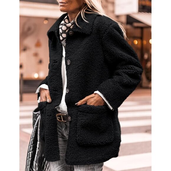 Women’s Black Faux Fur Coat Long Sleeve Lapel Button Down Fleece Sherpa Jacket - Picture 8 of 8